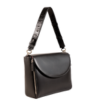 Black leather business handbag with a patterned strap on a white background