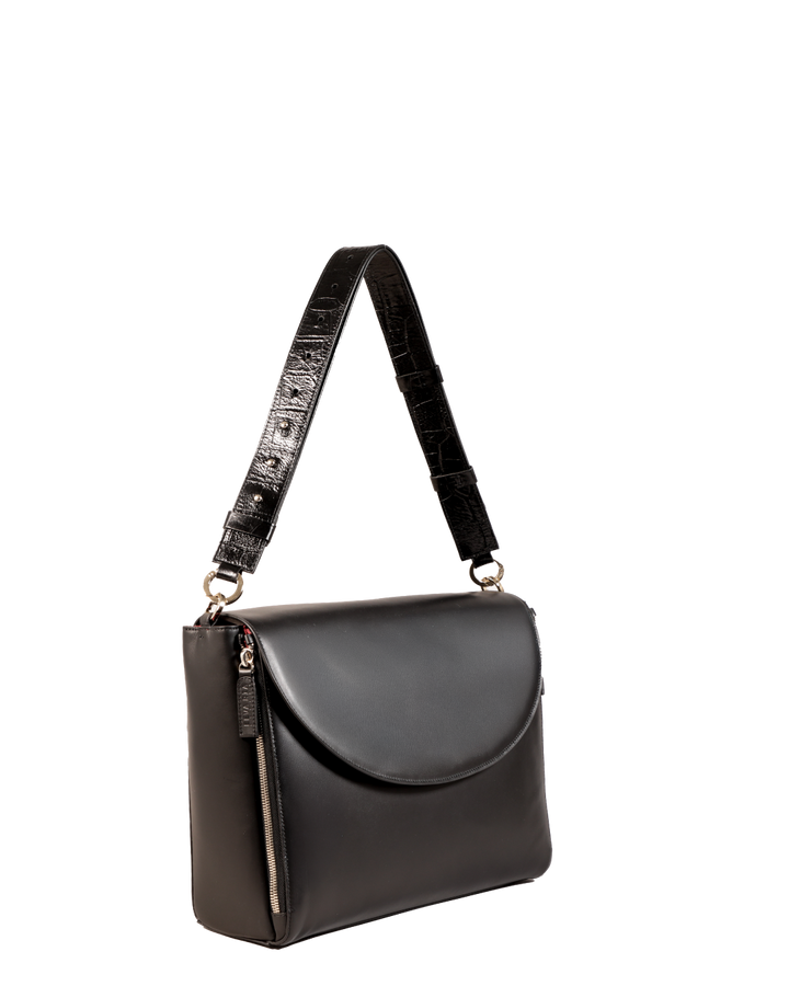 Black leather business handbag with a patterned strap on a white background